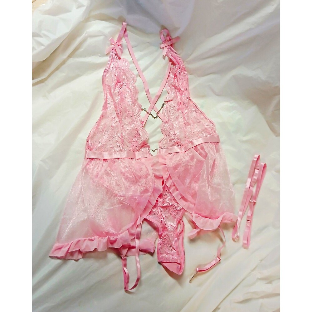 Women's Pink Sheer Lace Teddy Bodysuit One Piece Wireless Adjustable Straps 2XL